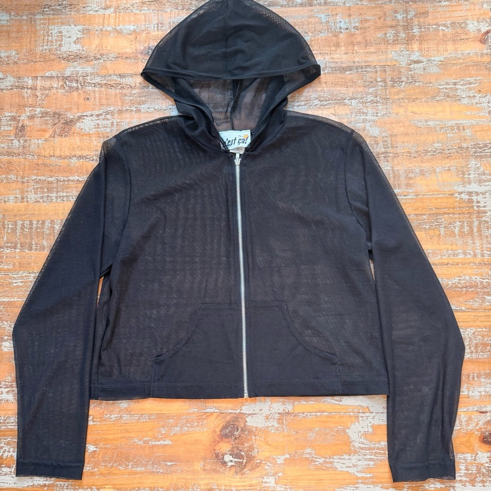 Black Sheer Mesh zip up crop hoodie